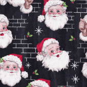 Santa Faces with Red Hats on Black Christmas Quilting Fabric