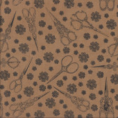 Black Scissors Flowers on Golden Brown Sewing Quilting Fabric