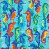 Colourful Seahorses on Aqua Ocean Quilting Fabric
