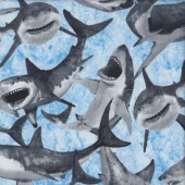 Shark Attack Great White on Blue Ocean Quilting Fabric