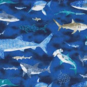 Shark Species Hammerhead White Pointer on Ocean Blue Quilting Fabric