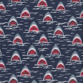 Sharks on Navy with Words Jawsome Caution Chomp Quilting Fabric
