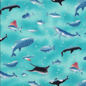 Whale Sharks Orcas Stingray Fish Ocean on Turquoise Blue Quilting Fabric