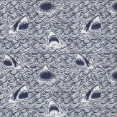Sharks Navy Waves on White Quilting Fabric