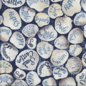 Sea Shells Beach Words on Blue Sand Quilting Fabric