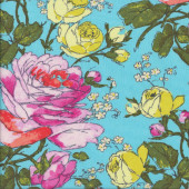Sketchbook Roses with Leaves on Aqua Pretty Flowers Quilting Fabric