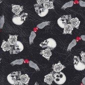 Skulls Roses Wings Born to Ride on Black Quilting Fabric