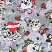 Skulls Hearts Grey Quilting Fabric