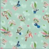 Small Frolicking Fairy Wrens on Pastel Jade Birds Gumnut Flowers Quilting Fabric