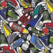 Colourful Sneakers Shoes Mens Boys Girls on Black Quilting Fabric