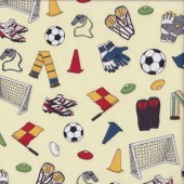 Soccer Apparel on Cream Whistle Balls Gloves Sport Quilting Fabric