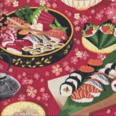 Sushi Japanese Food Sakura Flowers on Red Soho Quilting Fabric