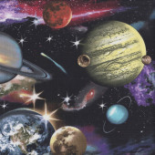 Outer Space on Black Galaxy Planets Saturn Quilting Fabric