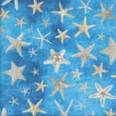 Starfish on Blue Beach Ocean Nature Landscape Quilting Fabric