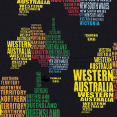 Australian Map and States in Words on Black Quilting Fabric