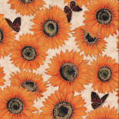 Sunflowers Monarch Butterflies With Metallic Gold on Beige Quilting Fabric