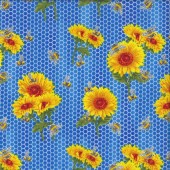 Sunflowers Bee Honeycomb on Blue Flower Floral Quilting Fabric