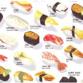 Japanese Sushi and Maki Roll on White Quilting Fabric