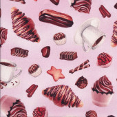 Coffee Cupcakes Éclairs Croissants on Pink Sweet Tooth Quilting Fabric 