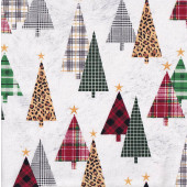 Tartan Christmas Trees with Stars on White Quilting Fabric