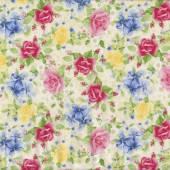 Red Yellow Pink Roses Floral on Cream Tea For Two Quilt Fabric