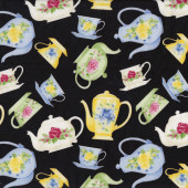 Floral Teapots Teacups on Black Quilting Fabric Remnant 39cm x 112cm