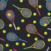 Tennis Racquets Balls on Black Sport Quilting Fabric
