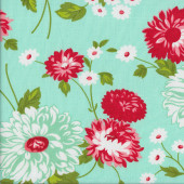 Red White Flowers on Aqua The Good Life Quilting Fabric
