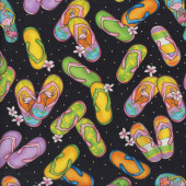 Colourful Thongs Flip Flops Jandals Flowers on Black Quilting Fabric