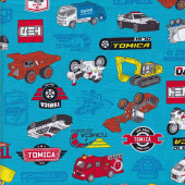 Tomica Diecast Cars Trucks Machinery on Blue Licensed Fabric Remnant