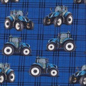 Tractors on Royal Blue Tartan Farm Machines Boys Quilting Fabric