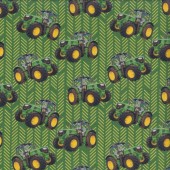 Tractors on Green with Tyre Tracks Farm Machines Quilting Fabric