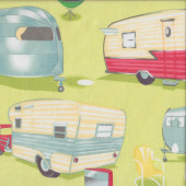 Retro Caravans Cars BBQ Glamping on Green Trailer Travel Quilting Fabric