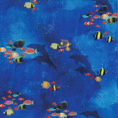 Colourful Tropical Fish Ocean Sea on Deep Blue Quilting Fabric