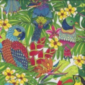 Parrots Frangipani Orchid Flowers Monstera Birds on White Quilting Fabric
