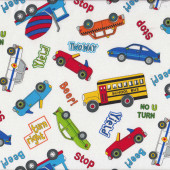 Police Cars Trucks School Bus Taxi on White Boys Kids Quilt Fabric