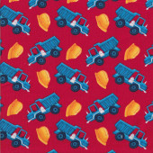Dump Trucks and Work Helmets on Red Under Construction Quilting Fabric