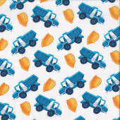 Dump Trucks and Work Helmets on White Under Construction Quilting Fabric