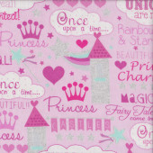 Princess Unicorns Castles on Pink Girls with Metallic Silver Quilting Fabric