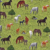Horses on Grass Countryside Farm Animal Village Life Quilting Fabric