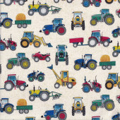 Tractors Countryside Farm Machinery Village Life on Beige Quilting Fabric
