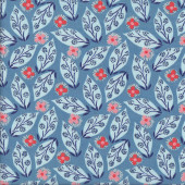 Voyage Orange Flowers Leaves on Blue Quilting Fabric