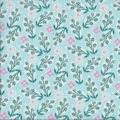 Voyage Pink Flowers Leaves on Celeste Blue Quilting Fabric