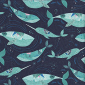 Into the Blue Whales Narwhals on Navy Blue Quilting Fabric