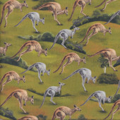 Australian Grey Brown Jumping Kangaroos Wildlife Valley Quilting Fabric