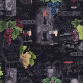 Wine Bottles Glasses Grapes on Black Quilting Fabric