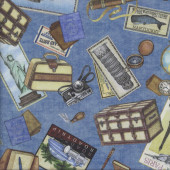 World Travel on Blue Suitcase Quilting Fabric