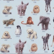 Baby Animals With Names on Blue Wildlife Quilt Fabric