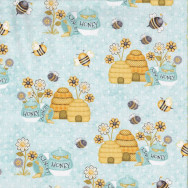 Honey Pots Bee Hives Flowers on Blue Honey Bee Mine Quilting Fabric