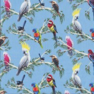 Australian Birds of The Bush Parrots Branches on Blue Quilting Fabric
